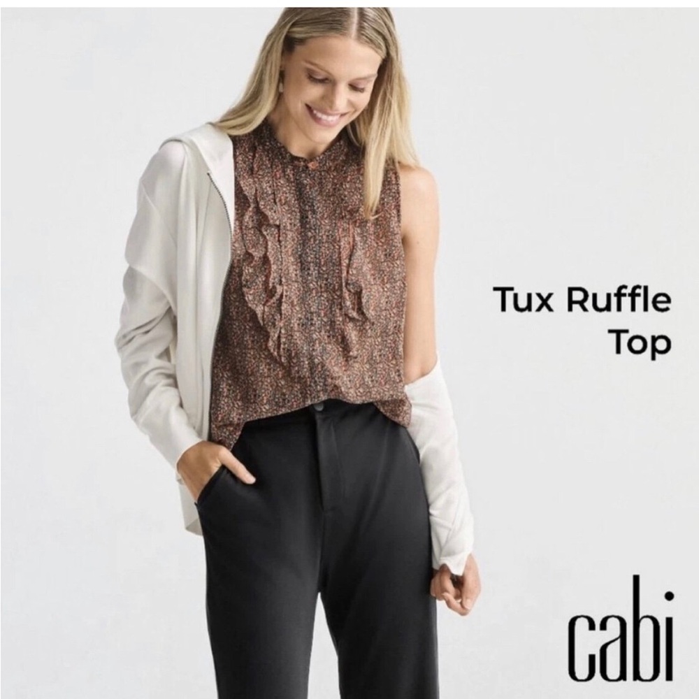 NWOT CAbi Brown Floral Ruffle Sleeveless Tux Top Size Small Turquoise Orange